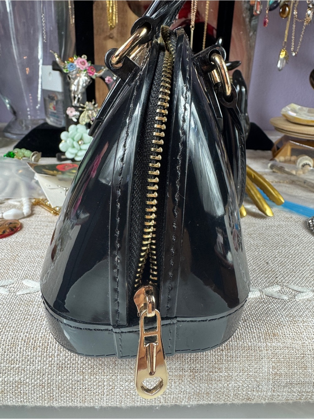 Black Patent Mini Satchel Handbag with Gold Hardware - Picture 8 of 11